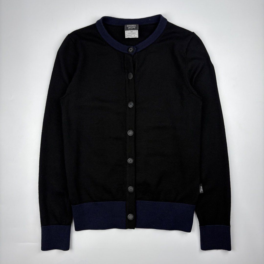 Chanel Uniform - Knitted Cardigan (Category: Luxury Apparel) located in Bacolod City. Submitted by cast.archives (Listing ID 1465413317, Image 1). Description: Chanel Uniform - Knitted Cardigan Size: Medium Condition: Very good Flaw: Repaired hole.