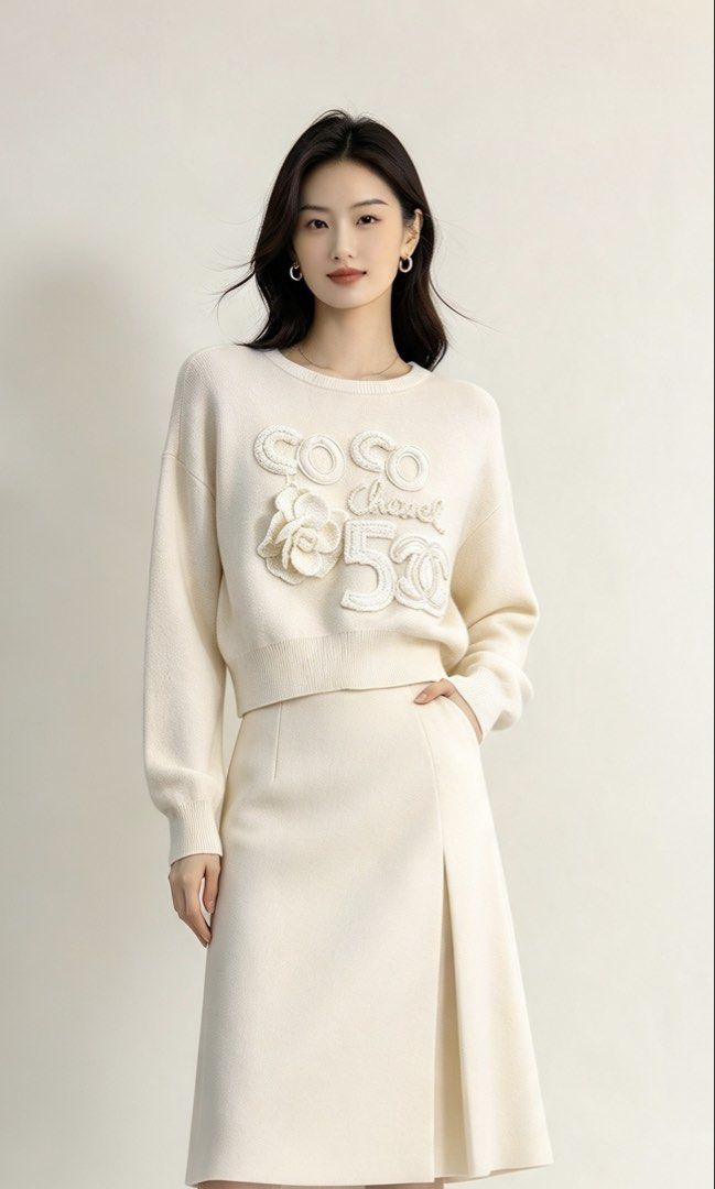 Chanel White COCO 5 sweater size 38 (Category: Longsleeves) located in Paranaque City. Submitted by preluxeshop_ph (Listing ID 1465559508, Image 1). Description: Chanel White COCO 5 sweater size 38 Made in Italy. Long sleeves with ribbed cuffs and hem. Front features textured appliqués spelling out COCO, chanel, number 5, along with a camellia flower detail. Back has a couple of faint stains near the shoulder and bottom hem. Classic crew neck des