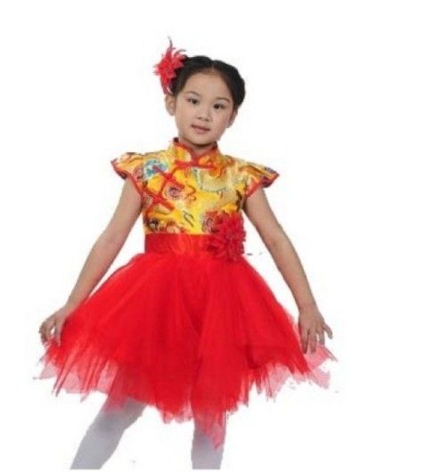 CHINESE / UN COSTUME (Category: Babies & Kids Fashion) located in Pasig City. Submitted by sweetchinchin15 (Listing ID 1465392634, Image 3). Description: - Style: Traditional Chinese children's dress - Design: Bright yellow top with gold dragon and cloud embroidery, red Mandarin collar, and frog buttons - Skirt: Fluffy layered red tulle skirt attached at the waist - Accessory: Matching black hairpiece with big red flower and hanging tassels inclu