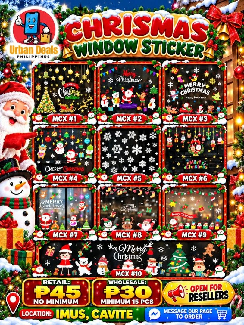CHRISTMAS Window Stickers (Category: Occasions & Party Supplies) located in Cavite. Submitted by urbandealsphilippines (Listing ID 1465531984, Image 1). Description: 🎄✨ CHRISTMAS WINDOW STICKERS ARE HERE! ✨🎄 Make your home extra festive this Christmas! ❤️🎅 Decorate your windows with beautiful Christmas designs and bring the holiday spirit into your home! Perfect for windows, glass doors, shops, and more! 🎁 🌟 AVAILABLE DESIGNS: Multiple Chris