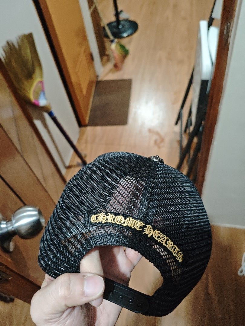 Chrome Hearts Black and Gold Trucker Hat (Category: Caps & Hats) located in Caloocan City. Submitted by cosmictiger.e985e8 (Listing ID 1465398653, Image 2). Description: - Brand: Chrome Hearts - Material: Black corduroy and mesh - Details: Gold embroidery front patch, side crosses, and back script logo - Closure: Adjustable snapback - Condition: Brand new / Excellent daily wear piece - Care: Spot clean only.