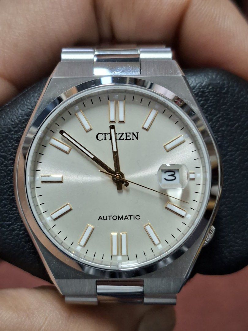 Citizen Tsuyosa Automatic Watch Beige Dial (Category: Men's Watches) located in Valenzuela. Submitted by piayap14 (Listing ID 1465505114, Image 1). Description: - Model: Citizen Tsuyosa Automatic Watch - Dial: Champagne sunburst dial with elegant gold indices - Crystal: Clean crystal featuring a date window at 3 o'clock with a cyclops magnifier - Case & Bracelet: Polished stainless steel case with a matching integrated bracelet and signed folding