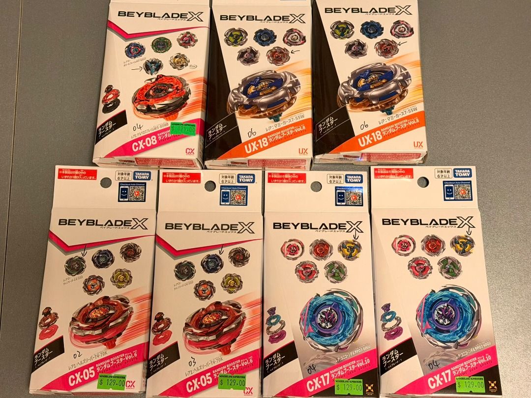 全新 Beyblade X 爆旋陀螺有code未拆袋 Beyblade X 爆旋陀螺 CX-08 UX-18 CX-05 CX-17 （分類：動作及對戰玩具）位於 Hong Kong。 由 nnnnnhhhh 提交（商品編號 1465385613，圖片 1）。簡介： 全新有袋/有盒 1. 有code UX18-06(LR) $120@1 2. 有code CX05-02 (Sold) 3. 有code CX05-03 (Sold) 4. 有code CX08-04（異色爆刃）(Sold) 5. 有code CX17-04 $50@1 。