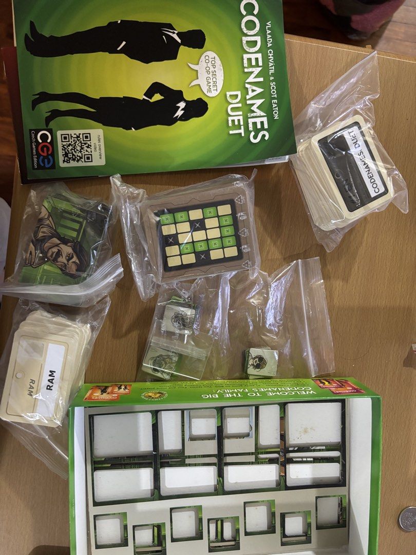 Codenames Duet Co-op Game Czech Games Edition (Category: Board Games & Puzzles) located in Pasig City. Submitted by johndarell47046 (Listing ID 1465450019, Image 2). Description: - Game: Codenames Duet by Vlaada Chvátil and Scot Eaton - Type: Cooperative 2-player spy word & deduction game - Includes: Original box, rulebook, key cards, token pieces, and word cards - Condition: Well-organized inside the original cardboard insert, cards packed in pl