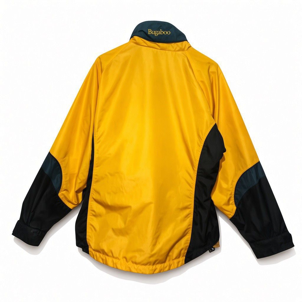 Columbia Bugaboo Vintage Shell (Category: Coats, Jackets and Outerwear) located in Saravia. Submitted by foundandfavedbcd (Listing ID 1465532735, Image 2). Description: - Brand: Columbia Bugaboo - Style: Vintage 90s outdoor gear / Colorblock - Color: Bright yellow, dark blue, and black - Size: Women's S - Origin: Made in Taiwan - Details: High mock neck collar, 'Bugaboo' embroidery on back, full zip front with button storm flap, inside zip pocket