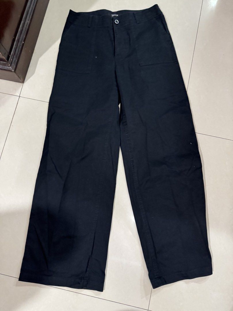 Comme Ca Ism Black Utility Pants Size 9 (Category: Trousers) located in Quezon City. Submitted by sweetlyluxe (Listing ID 1465491414, Image 1). Description: - Brand/Model: Comme Ca Ism black utility pants - Size: Tagged size 9 fits up to semi M - Fit: Mid-rise waist with a straight wide-leg cut - Pockets: Large front patch pockets and buttoned flap back pockets - Closure: Front button closure - Condition: Minimal wear, clean, and ready to wear.