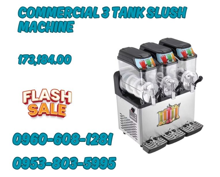 commercial 3 Tank Slush Machine (Category: Everything Else Others) located in Caloocan City. Submitted by happystorm_d41630 (Listing ID 1465428013, Image 1). Description: ●Model: KS-15Ax3 ●Capacity: 15 liter×3 ●Compressor: Cubigel R134a ●Voltage: 220V-240V/ 110V-120V 50HZ/60HZ ●Power: 800w ●Temperature: -2~3ºC ●Size ( Shape / package): 60*56*76cm/72*66*91cm ●Weight (Net/Gross: 68kg /83kg .