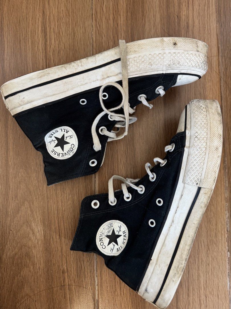 Converse All Star Platform High Top Black (Category: Sneakers) located in Calamba. Submitted by shop.ysha (Listing ID 1465414577, Image 2). Description: selling low ‼️ feel free to offer for sure buyers Size: US 7 UK 5 EUR 37.5 (24 cm) needs cleaning & minor re-glue but still wearable no heel drags 💯 no box included ‼️ all items are available unless marked sold ‼️ loc: Calamba, Laguna (Nuvali) ‼️ if you like it, buy it asap or you’ll regret it !