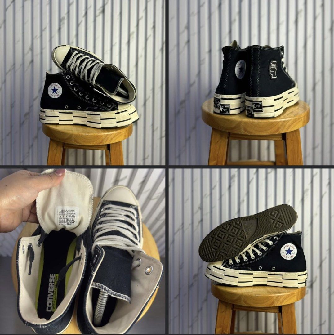 Converse x Brain Dead Chuck 70 Hi Black (Category: Sneakers) located in Caloocan City. Submitted by mzcollection_349 (Listing ID 1465434509, Image 1). Description: - Collaboration: Converse x Brain Dead - Color/Style: Black high top sneakers with suede texture - Design: Unique stacked geometric midsole with checkerboard graphics - Details: Graphic logo patch on lateral ankle, traditional star patch on medial side, contrasting white stitching and 