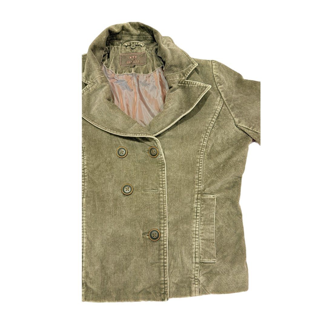 Corduroy Double-Breasted Jacket Coat (Category: Coats, Jackets and Outerwear) located in Santa Rosa. Submitted by cmasangkay (Listing ID 1465521329, Image 2). Description: - Brand: Per Una - Material: Dark corduroy with silky lining - Style: Double-breasted button front, deep lapels, vintage look - Features: Warm, structured fit, two front pockets - Measurements: Arm length 24.5", Vertical length 23", Waist 32" (buttoned).