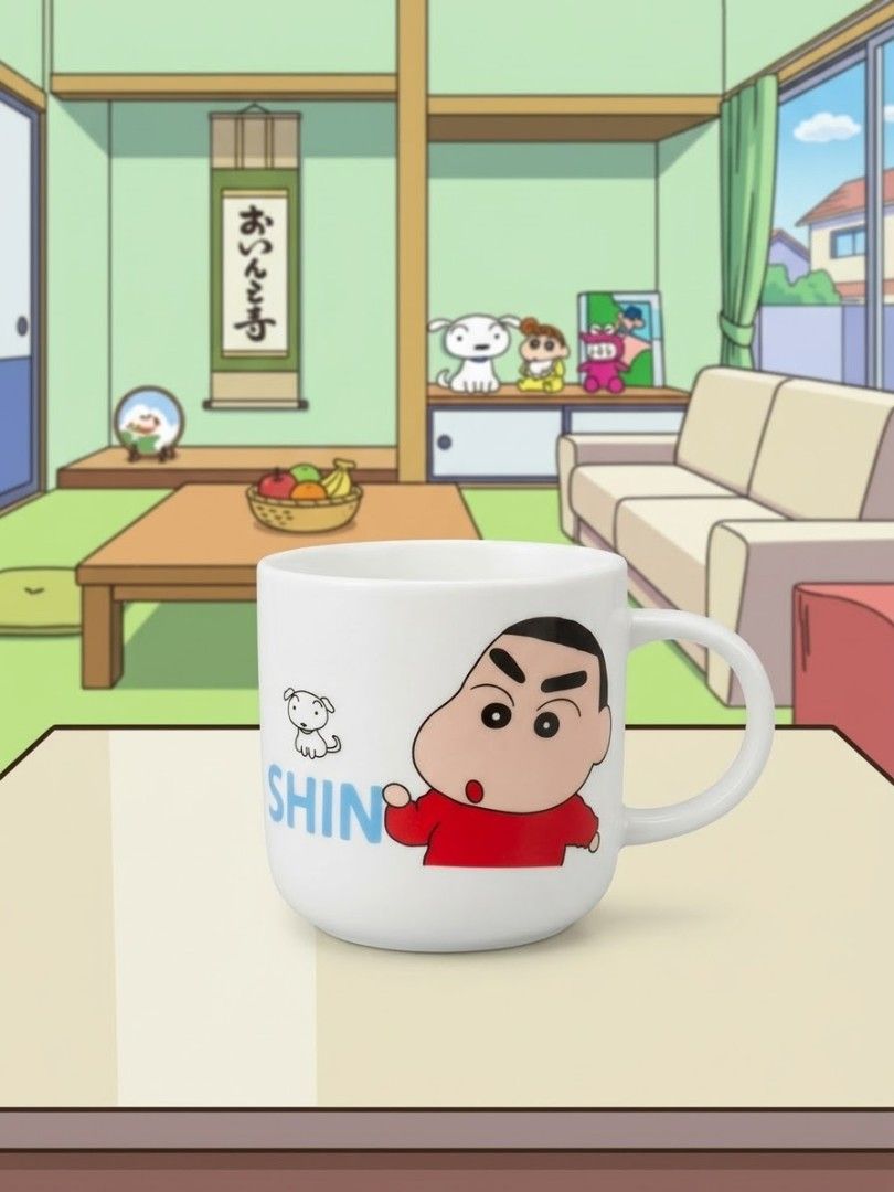 Crayon Shin Chan character Mug (Category: Coffee & Tea Tableware) located in Consolacion. Submitted by luxekerei (Listing ID 1465499943, Image 1). Description: - a vintage ceramic Crayon Shin-chan character mug featuring classic illustrations of Shin-chan and his dog Shiro alongside the series logo text..