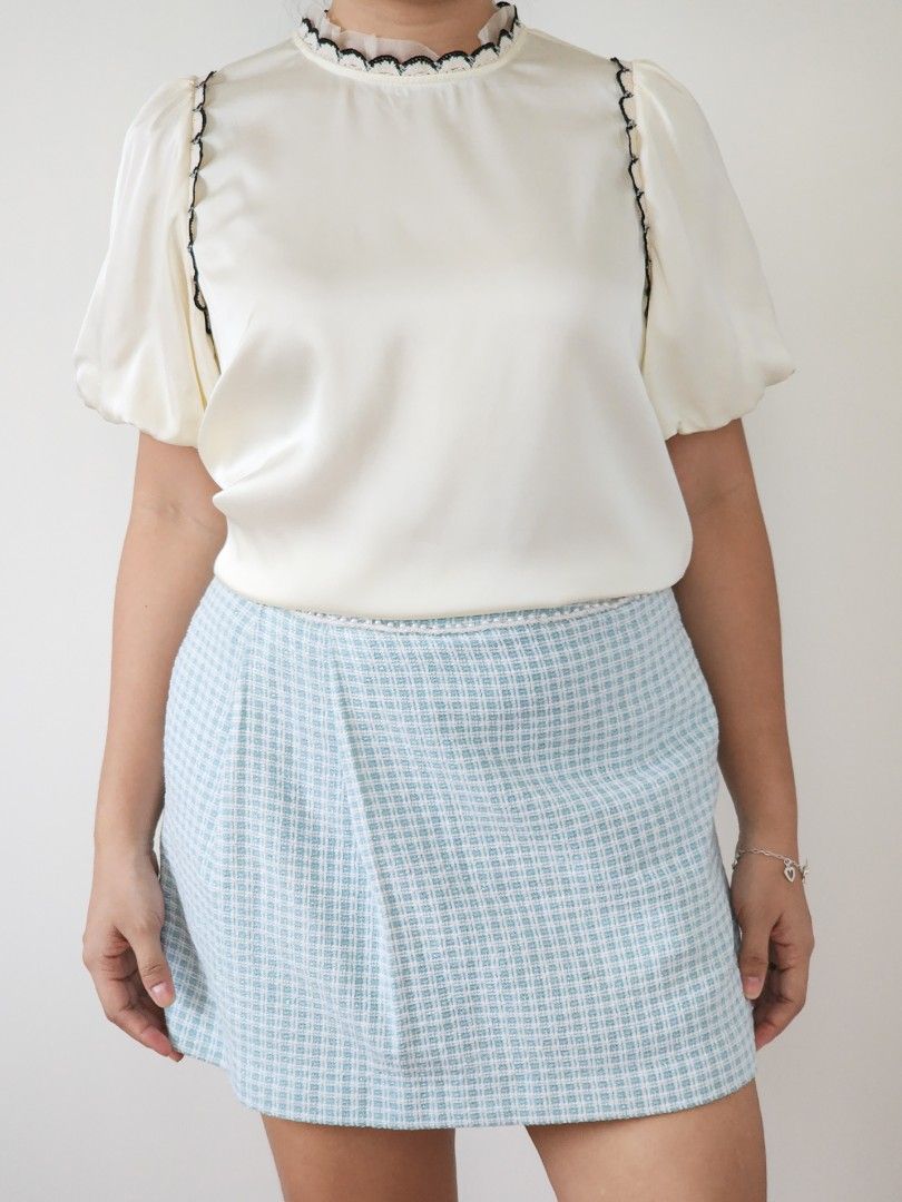 cream satin puff sleeve top (Category: Blouses) located in Batangas. Submitted by curatedbylisilaloop (Listing ID 1465431134, Image 1). Description: fave! instant chic 🤍 | cream satin puff sleeve top with scalloped lace trim details Size: freesize Bust: 38".