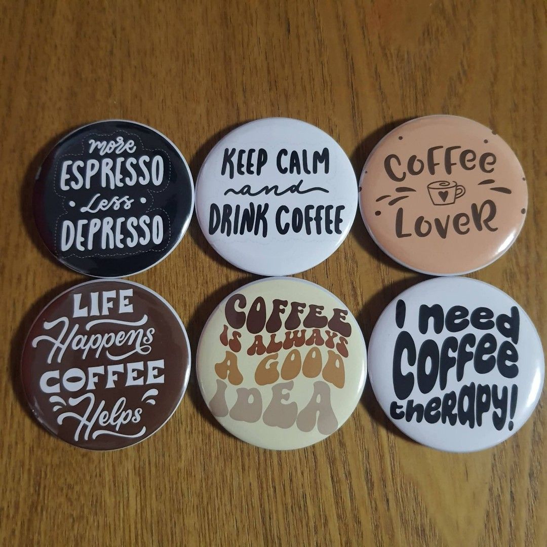 Custom Badge Pins (Category: Other Merchandise) located in Tarlac. Submitted by jajubells (Listing ID 1465417369, Image 1). Description: - Assorted designs: Coffee themes, religious verses, and Mother's Day greetings, etc. - Pinback style for easy attachment to bags, lanyards, and jackets - Vibrant prints featuring a sleek glossy finish - Perfect for gifting or personalizing your daily accessories -minimum order of 10.