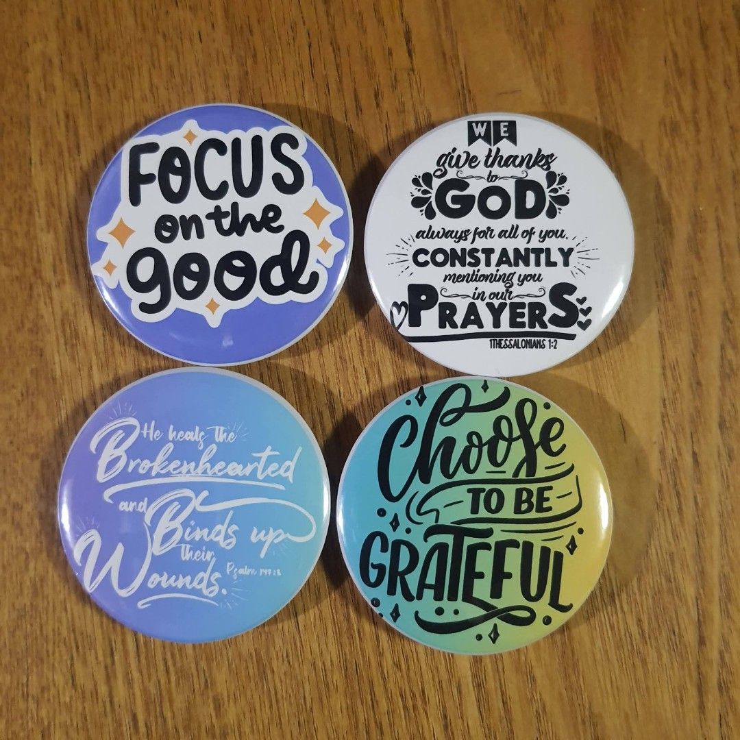 Custom Badge Pins (Category: Other Merchandise) located in Tarlac. Submitted by jajubells (Listing ID 1465417369, Image 2). Description: - Assorted designs: Coffee themes, religious verses, and Mother's Day greetings, etc. - Pinback style for easy attachment to bags, lanyards, and jackets - Vibrant prints featuring a sleek glossy finish - Perfect for gifting or personalizing your daily accessories -minimum order of 10.