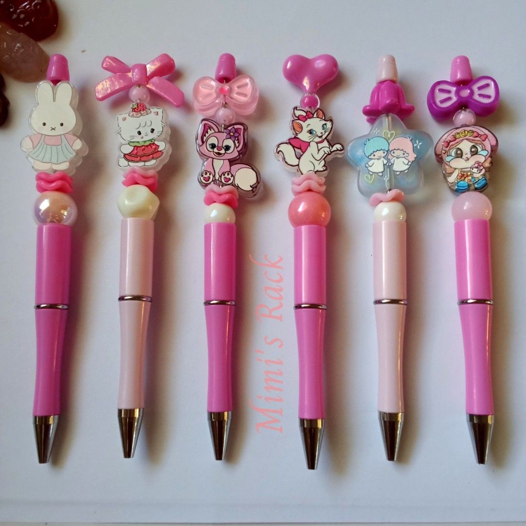 Cute Beadable Pens with Acrylic Charms (Category: Stationery & School Supplies) located in Taguig. Submitted by mimisrack (Listing ID 1465407788, Image 2). Description: 🩷Add a little cuteness to your everyday writing! These adorable beadable pens feature lovely acrylic character charms, pretty decorative beads, and gorgeous pink and pastel details. 💕 Each design is sold individually. Please choose your preferred design! 🧿 ₱120 each 🙂 💎Produc