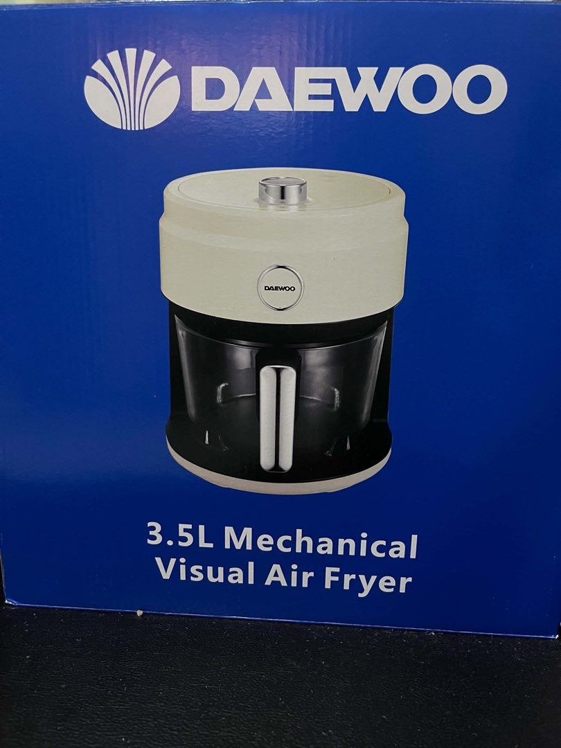 Daewoo 3.5L Mechanical Visual Air Fryer (Category: Fryers) located in San Juan City. Submitted by dsy764bbnd (Listing ID 1465441362, Image 1). Description: - Brand: Daewoo 3.5L Mechanical Visual Air Fryer - Colorway: Stylish cream and black - Window: Clear glass window to monitor food without opening - Controls: Simple mechanical dials on top - Size: Compact design fits most kitchen countertops - Condition: Brand new in box, factory sealed.