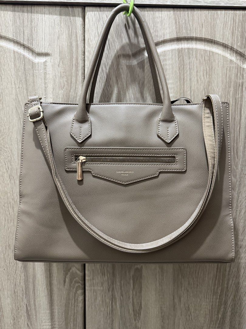 David Jones Paris Tote Shoulder Bag With Compartments (Category: Tote Bags) located in Calamba. Submitted by nicalison (Listing ID 1465424588, Image 1). Description: - Brand: David Jones Paris - Style: Tote / Shoulder Bag - Color: Taupe / Greyish Brown - Material: Textured synthetic leather with gold-tone hardware - Compartments: Multiple interior compartments with secure zip and magnetic button closures - Handles: Dual top carry handles plus an 