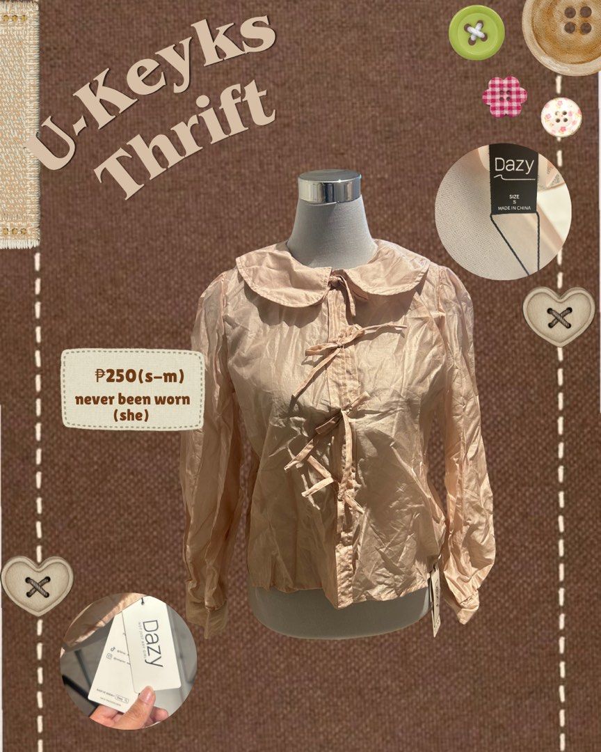 Dazy Pink Long Sleeve Collared Tie Blouse (Category: Longsleeves) located in Cavite. Submitted by ukeyks (Listing ID 1465487896, Image 1). Description: - Brand: Dazy - Condition: Brand New with Tags (Never worn) - Color: Pastel Pink - Size: S (fits like S to M) - Features: Peter Pan collar, long sleeves, and trendy front tie closure - Fabric: Lightweight and comfortable.