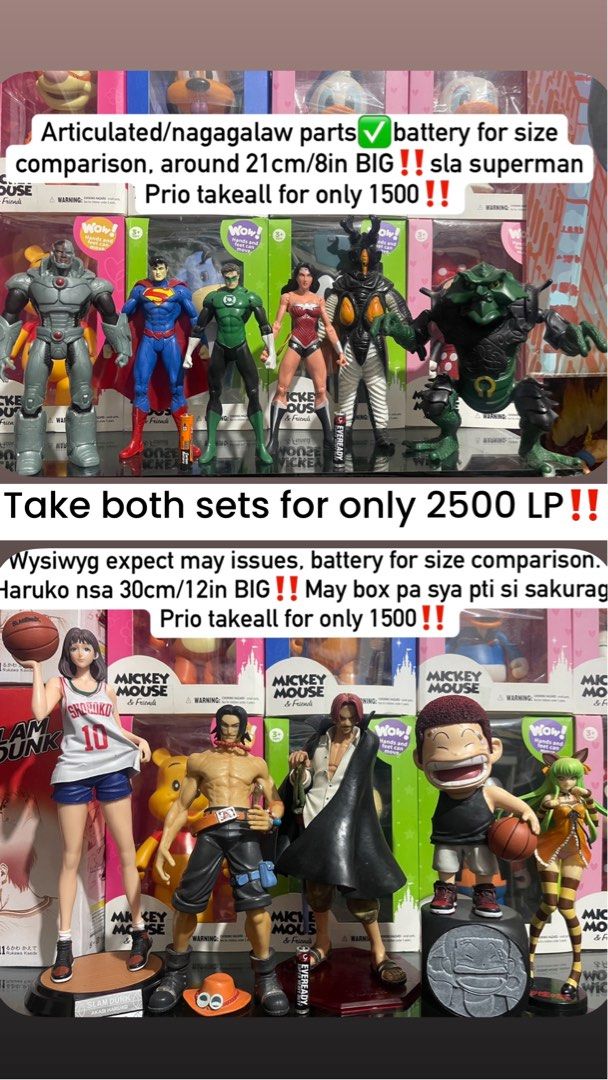 DC Superheroes, Slam Dunk, One Piece action figures set (Category: Figurines & Statues) located in Manila. Submitted by abacic.toys (Listing ID 1465512363, Image 1). Description: - Set 1: Articulated DC superheroes and monsters (~21cm tall) - 1,500 PHP - Set 2: Haruko from Slam Dunk (30cm), One Piece characters, and Sakuragi - 1,500 PHP - Bundle Deal: Take BOTH sets for only 2,500 PHP! - Original boxes included for some items - Battery placed nex