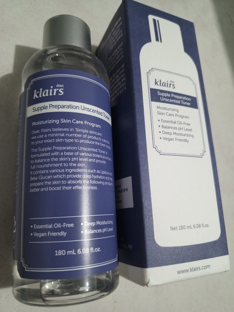 Dear Klairs Supple Preparation Unscented Toner 180ml (Category: Face Care) located in Manila. Submitted by yeshaaaaaaa (Listing ID 1465490840, Image 2). Description: Dear Klairs Supple Preparation Unscented Toner in 180ml bottle. Includes original outer box. Essential oil-free formulation balancing skin pH levels while providing deep hydration and nourishment. Suitable for sensitive skin types needing gentle daily care. Unopened product..