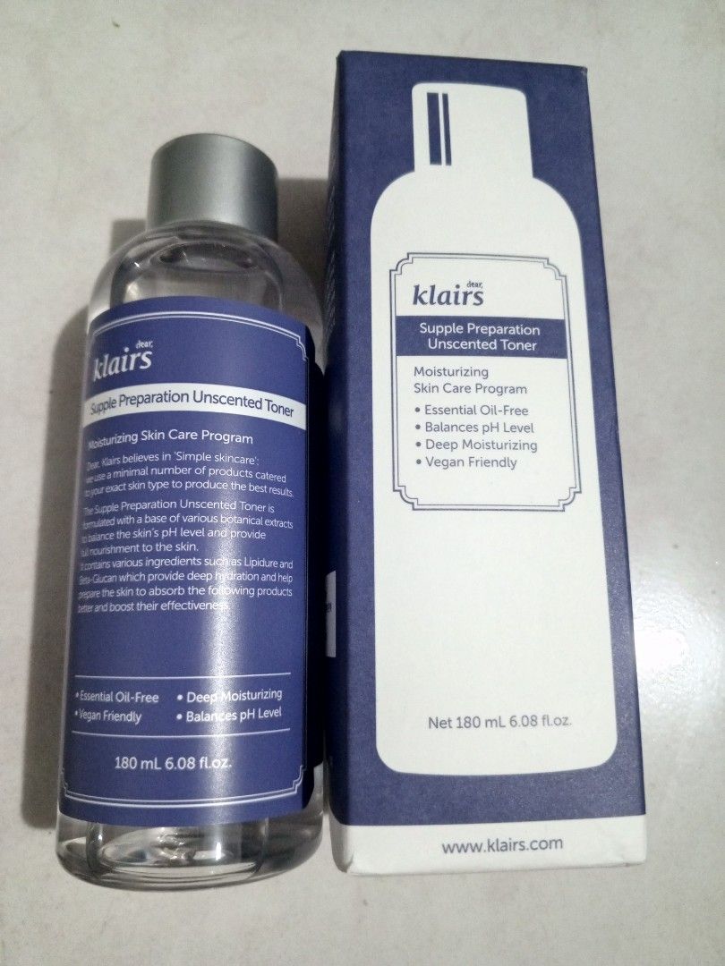 Dear Klairs Supple Preparation Unscented Toner 180ml (Category: Face Care) located in Manila. Submitted by yeshaaaaaaa (Listing ID 1465490840, Image 1). Description: Dear Klairs Supple Preparation Unscented Toner in 180ml bottle. Includes original outer box. Essential oil-free formulation balancing skin pH levels while providing deep hydration and nourishment. Suitable for sensitive skin types needing gentle daily care. Unopened product..