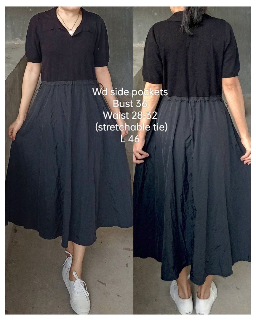 Deep black midi flowy dress (Category: Dresses) located in Davao. Submitted by kannikasok1987 (Listing ID 1465398179, Image 1). Description: Wd side pockets Bust 36 Waist 28-32 (stretchable tie) L 46 good as new.