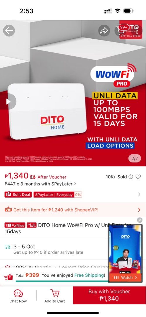 DITO Home WoWFi Pro with antenna (Category: Networking) located in Pasay City. Submitted by czarina27g (Listing ID 1465433505, Image 1). Description: - DITO Home WoWFi Pro unit - Super fast broadband speed of up to 100Mbps - Plug-and-play and ready for easy setup with antenna brand new.