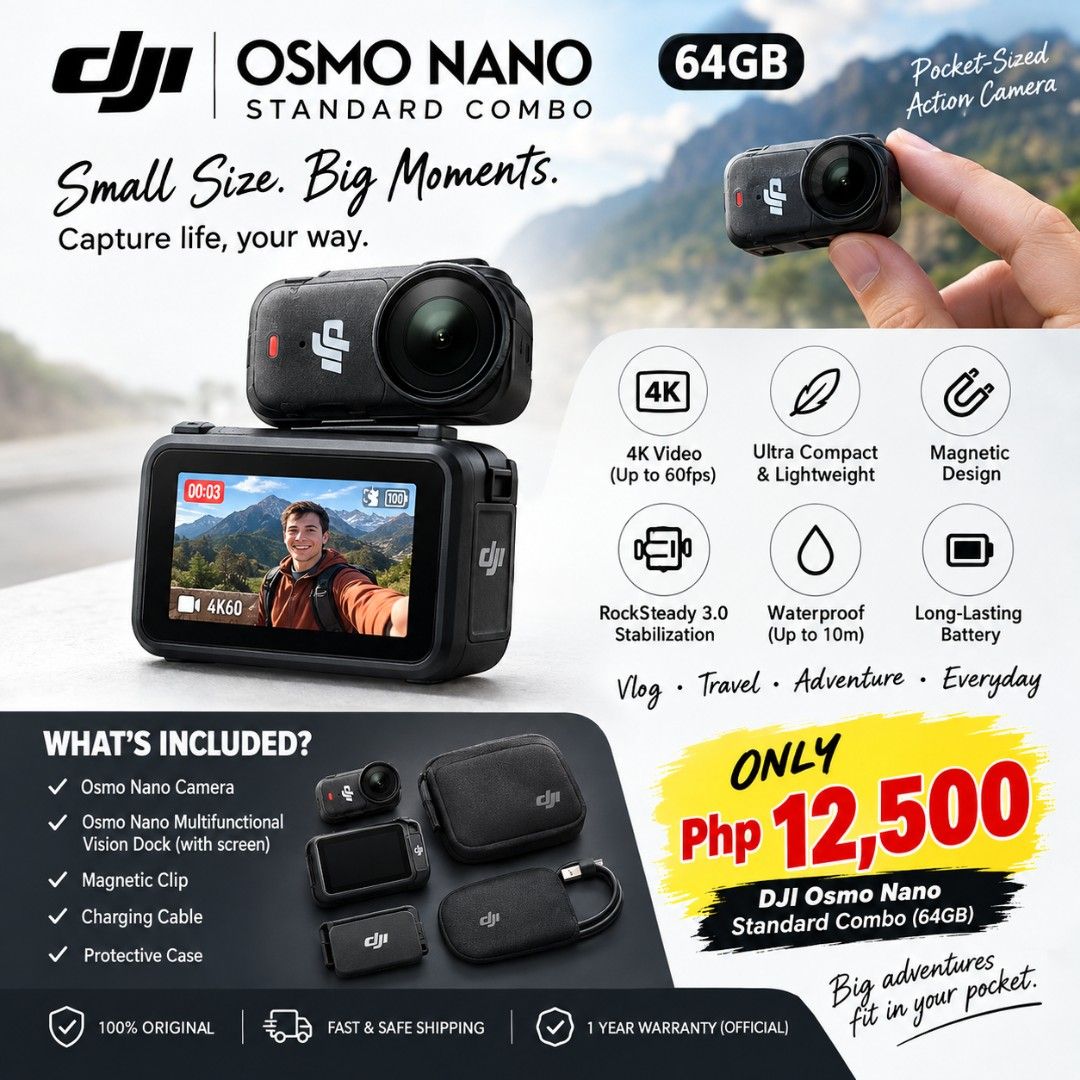 DJI Osmo Nano Standard Combo 64GB (Category: Video Cameras) located in Meycauayan. Submitted by joulez11 (Listing ID 1465521414, Image 1). Description: - Item: DJI Osmo Nano Standard Combo - Storage: 64GB built-in capacity - Condition: Used - Like new - Key Features: 4K video recording up to 60fps, RockSteady 3.0 stabilization, waterproof up to 10m - Included Accessories: Ultra-compact camera unit, multifunctional vision dock with screen, magneti
