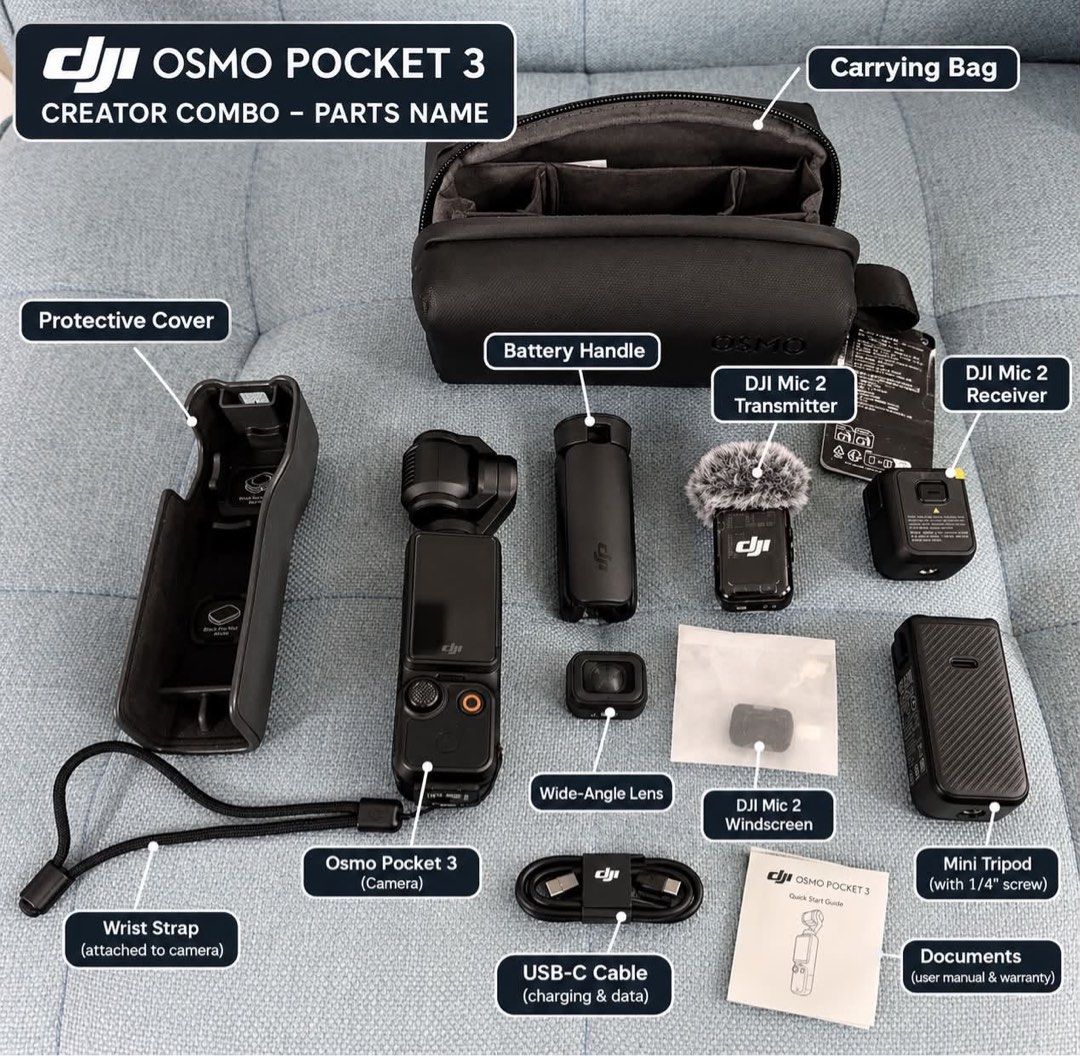 DJI Osmo Pocket 3 Creator Combo w/ SCREEN PROTECTOR AND SD CARD (Category: Cameras) located in Manila. Submitted by joabmarelscart (Listing ID 1465474632, Image 1). Description: - Complete Creator Combo kit, perfect for vloggers and content creators - Includes main camera with wrist strap and protective cover - Battery handle and wide-angle lens included - Complete DJI Mic 2 set (transmitter, receiver, and windscreen) - Accessories: mini tripod, 