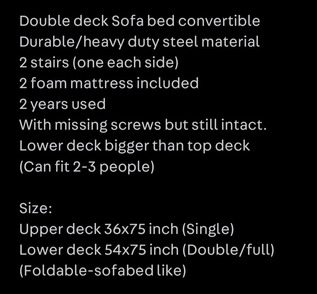 Double Deck Convertible to Sofa (Category: Bed Frames & Mattresses) located in Pasay City. Submitted by poshdecluttering (Listing ID 1465389242, Image 2). Description: Home Suite C-Futon Bunk Bed 36x54x75 • Its metal frame is made from 2″ diameter BI tubing that provides strength • Multifunctional bunk bed • The lower deck can be converted to a sofa using the futon mechanism • Best for rooms with limited space • Comes with 2 quilted solid mattres