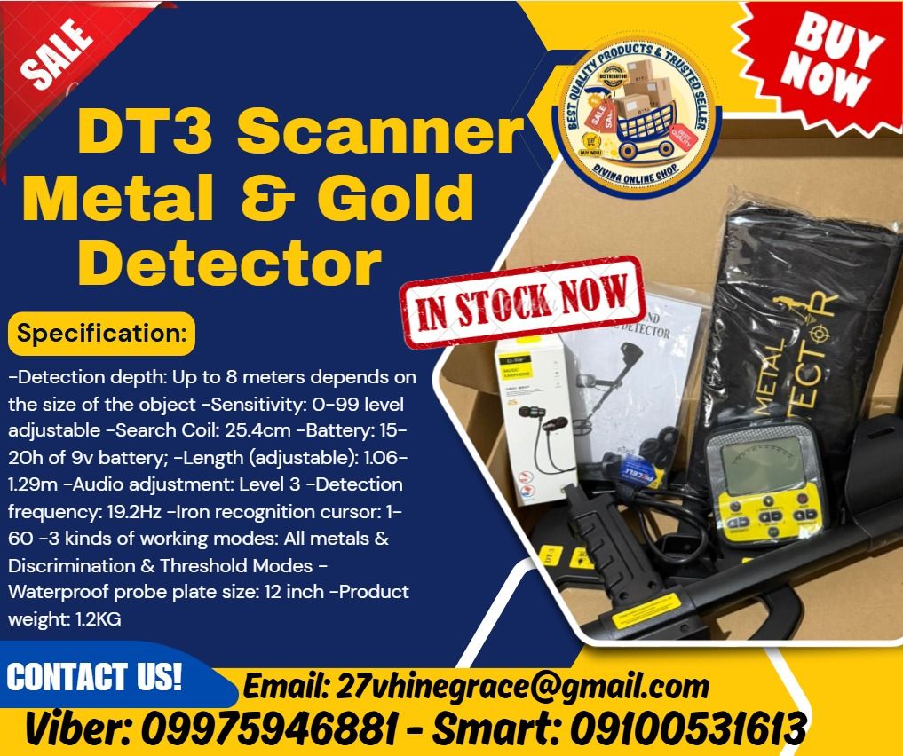 DT3 Scanner Metal Detector & Gold Detector Available Today (Category: Home Improvement Tools & Accessories) located in Manila. Submitted by marielhyn-09975946881 (Listing ID 1465461120, Image 1). Description: ✅ 💯 Guaranteed Seller ✅ Good Quality Products ✅ 💯 Legit Distributor ✅ Complete Permits ✅ 1 Year Warranty 💰PAYMENT TERMS: 50% Down Payment 50% Cash upon Delivery 🌟 DT3 Scanner Metal and Gold Detector Price: 25,000 MODEL: DT-3 -Detection d