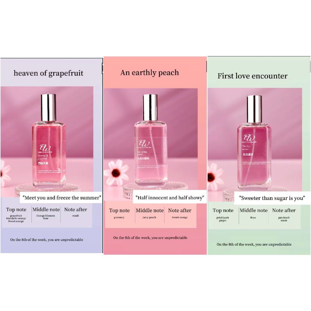 DW Eau de Toilette Perfume 50ml ( 3 for 100 ) (Category: Fragrance & Deodorants) located in Quezon City. Submitted by all_items_50_each (Listing ID 1465422604, Image 2). Description: 50 each or 3 for 100 (Can be mixed with other 3 for 100 post) DW Eau de Perfume 50ml Scent: Heaven of Grapefruit - 5 PCs available An earthly Peach - 4 PCs available The day we met - 3 PCs available *some box are dented esp. sa corner/s (due to shipping) 💲ALL ITEMS 