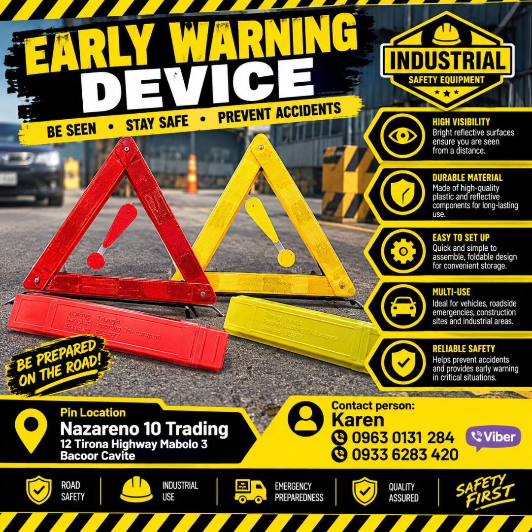 EARLY WARNING DEVICES (Category: Looking For) located in Bacoor. Submitted by kajezame.2021 (Listing ID 1465430977, Image 1). Description: EARLY WARNING DEVICES For More Details and Discount Contact Ms. Karen NAZARENO 10 TRADING 0963 0131 284 0933 6283 420 0956 7028 557 0933 8559 510 Landline: Look for Ms. Karen (046 ) 416 3920 Also available: • Traffic cone • Parking Block stopper • Hooded trash bin • Road Plastic Barrier • Spill boom • Fishing 