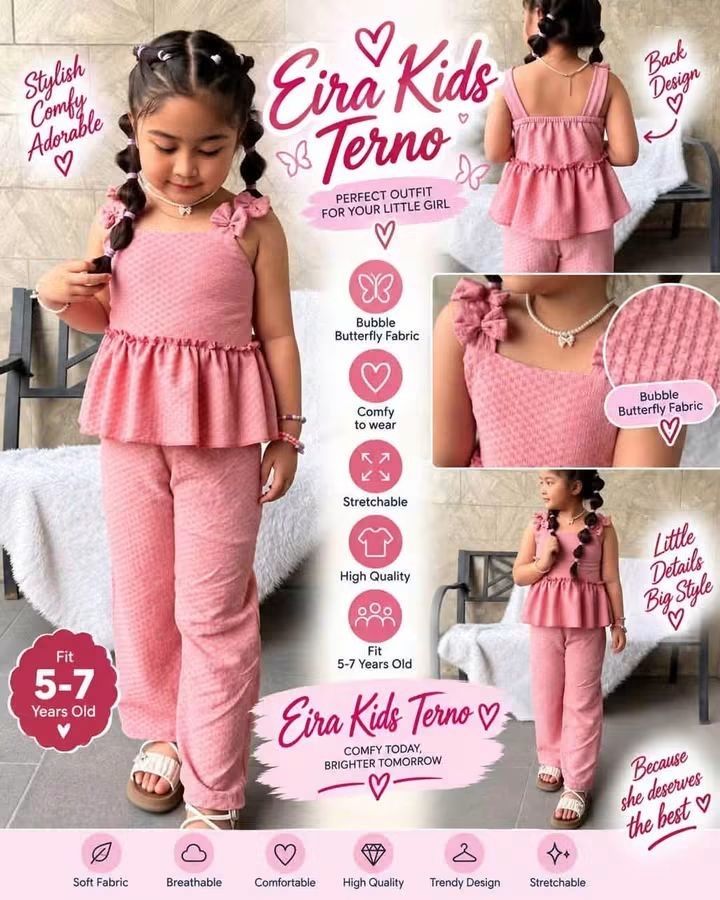 EIRA TOP AND PANTS TERNO (Category: Babies & Kids Fashion) located in Cainta. Submitted by agirlnamedkatkatII (Listing ID 1465416861, Image 3). Description: EIRA TOP AND PANTS TERNO P320.00 FREESIZE CAN FIT FROM 5-7 YEARS OLD FABROC: BUBBLE FABRIC NOTE: PLEASE PROVIDE 2ND AND 3RD COLOR OPTIONS.