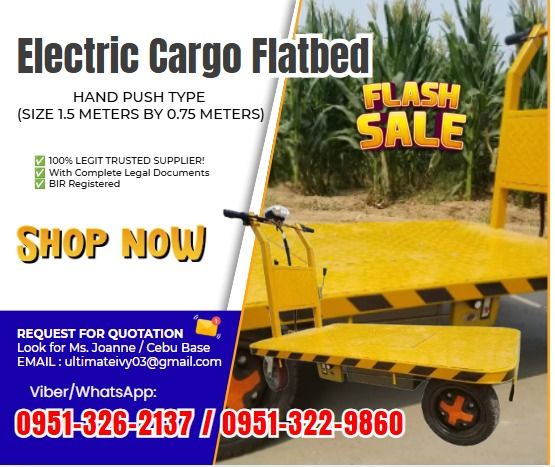 Electric Cargo Flatbed – Hand Push Type for Sale ⚡🛒 (Category: Everything Else Others) located in Caloocan City. Submitted by ultimatekh80569 (Listing ID 1465407473, Image 1). Description: ✨ Size: 1.5 meters × 0.75 meters ✨ Electric-powered ✨ Hand-push type ✨ Ideal for transporting goods and materials ✨ Practical and convenient for various applications 📝 Please Note: • Available by PRE-ORDER ONLY • Pickup preferred at our warehouse upon arrival
