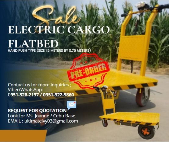 Electric Cargo Flatbed – Hand Push Type for Sale ⚡🛒 (Category: Everything Else Others) located in Caloocan City. Submitted by lyracrimso54467 (Listing ID 1465422023, Image 1). Description: ✨ Size: 1.5 meters × 0.75 meters ✨ Electric-powered ✨ Hand-push type ✨ Ideal for transporting goods and materials ✨ Practical and convenient for various applications 📝 Please Note: • Available by PRE-ORDER ONLY • Pickup preferred at our warehouse upon arrival