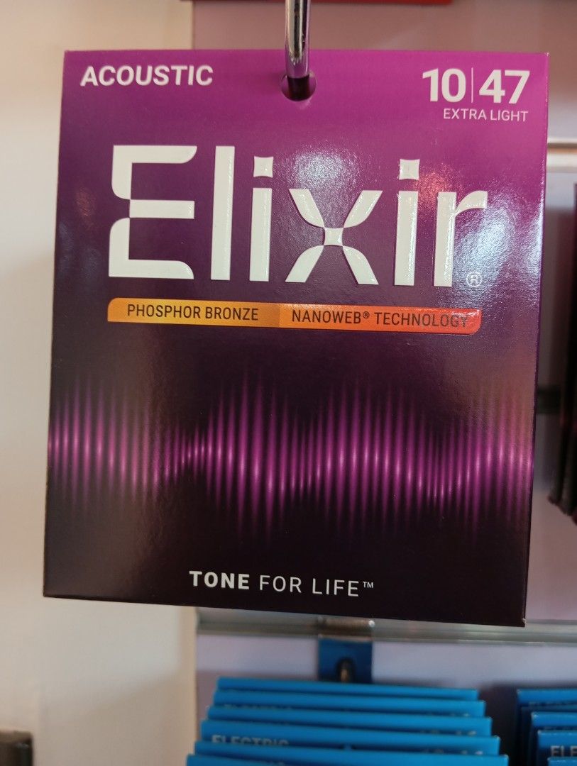 Elixir Acoustic Guitar Strings Phosphor Bronze Nanoweb (Category: Musical Instruments) located in Manila. Submitted by fabianpaolo93 (Listing ID 1465466404, Image 2). Description: - Authentic Elixir Acoustic Guitar Strings with NANOWEB Coating - Warm and balanced Phosphor Bronze tone - Available gauges: Extra Light (10-47), Custom Light (11-52), and Light (12-53) - Brand new, sealed in standard retail packaging - Features extra-long tone life and