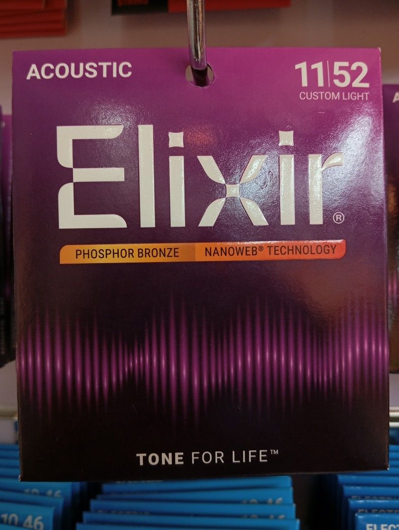 Elixir Acoustic Guitar Strings Phosphor Bronze Nanoweb (Category: Musical Instruments) located in Manila. Submitted by fabianpaolo93 (Listing ID 1465466404, Image 3). Description: - Authentic Elixir Acoustic Guitar Strings with NANOWEB Coating - Warm and balanced Phosphor Bronze tone - Available gauges: Extra Light (10-47), Custom Light (11-52), and Light (12-53) - Brand new, sealed in standard retail packaging - Features extra-long tone life and