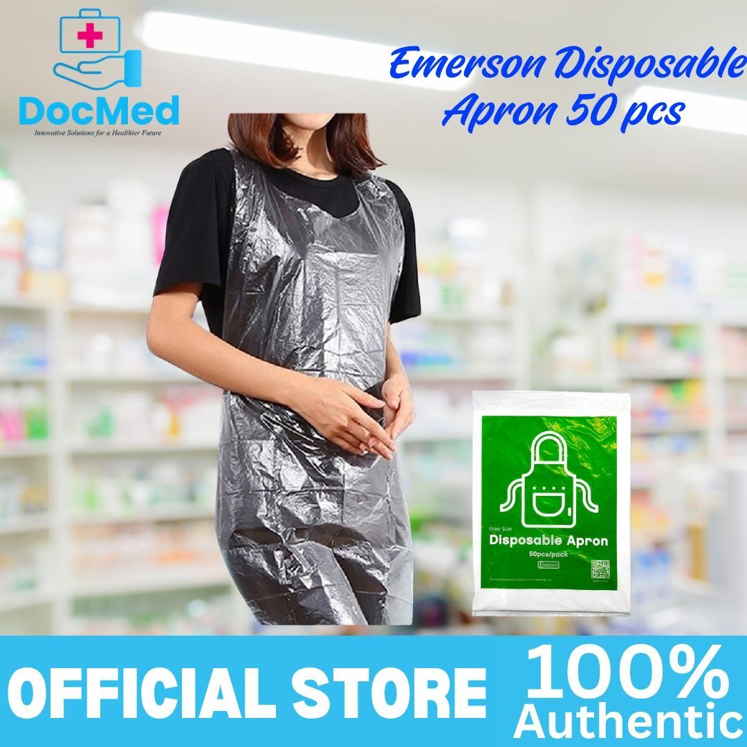 Emerson Disposable Apron 50 pcs (Category: Medical Supplies & Tools) located in Quezon City. Submitted by zee_010200 (Listing ID 1465415756, Image 1). Description: - Brand/Item: Emerson Disposable Apron Pack - Quantity: 50 pieces per pack - Material: Clear plastic - Design: Sleeveless with convenient neck loop and waist ties - Multi-purpose: Ideal for kitchen work, cleaning, painting, and salon use - Protection: Keeps clothes safe from spills, sp