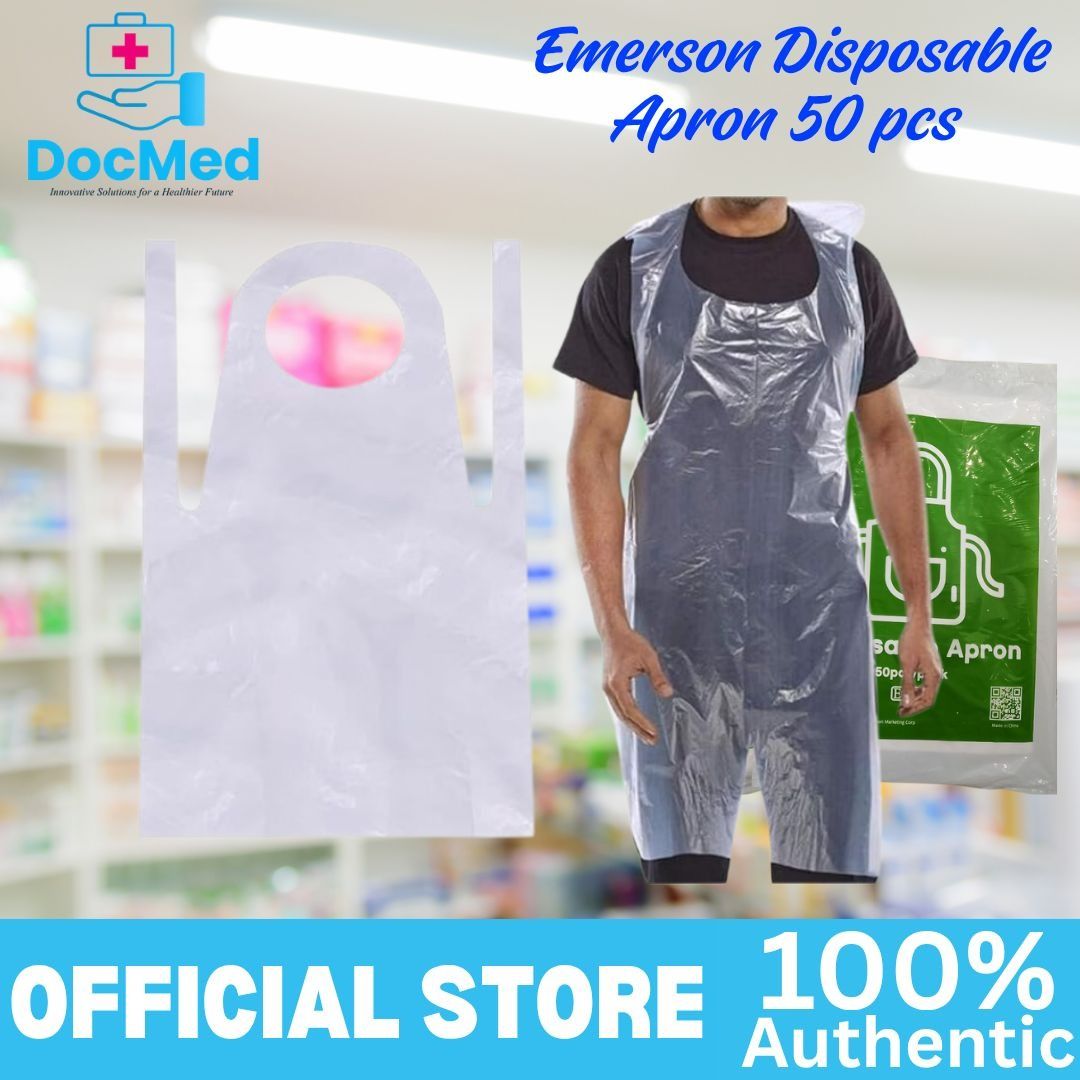 Emerson Disposable Apron 50 pcs (Category: Medical Supplies & Tools) located in Quezon City. Submitted by zee_010200 (Listing ID 1465415756, Image 3). Description: - Brand/Item: Emerson Disposable Apron Pack - Quantity: 50 pieces per pack - Material: Clear plastic - Design: Sleeveless with convenient neck loop and waist ties - Multi-purpose: Ideal for kitchen work, cleaning, painting, and salon use - Protection: Keeps clothes safe from spills, sp