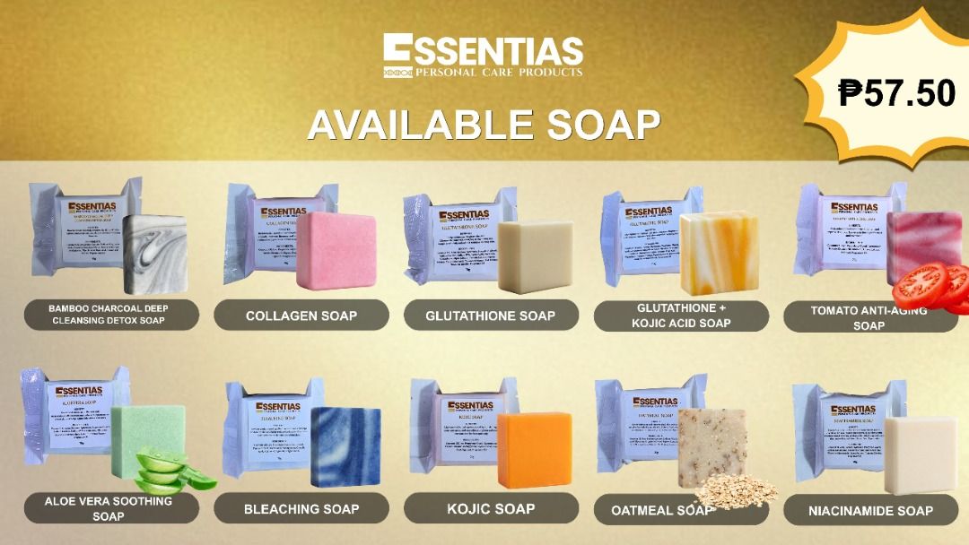 Essentias Soap (Category: Bath) located in Marilao. Submitted by essentias2026 (Listing ID 1465465002, Image 1). Description: - Price: ₱57.50 per bar - Condition: Brand new, individually packaged - Available Variants: * Bamboo Charcoal Deep Cleansing Detox Soap * Collagen Soap * Glutathione Soap * Glutathione + Kojic Acid Soap * Tomato Anti-Aging Soap * Aloe Vera Soothing Soap * Bleaching Soap * Kojic Soap * Oatmeal Soap * Niacinamide Soap - Send