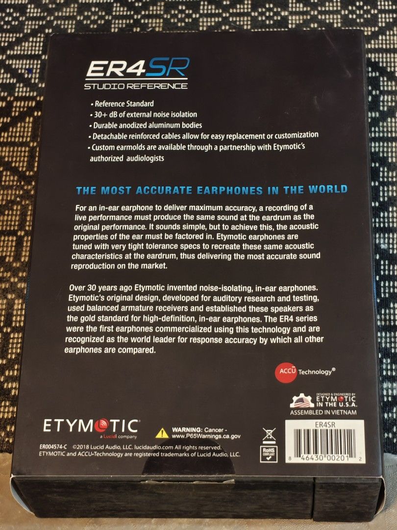 Etymotic ER4SR Studio Reference In-Ear Earphones IEM (Category: Earphones) located in Manila. Submitted by rolanruela (Listing ID 1465422759, Image 2). Description: - Model: Etymotic ER4SR Studio Reference earphones - Sound Quality: Audiophile-grade, high-accuracy sound reproduction - Isolation: Excellent passive noise-isolating design - Build: Durable anodized aluminum bodies with detachable reinforced cables - Inclusions: Original box, carrying