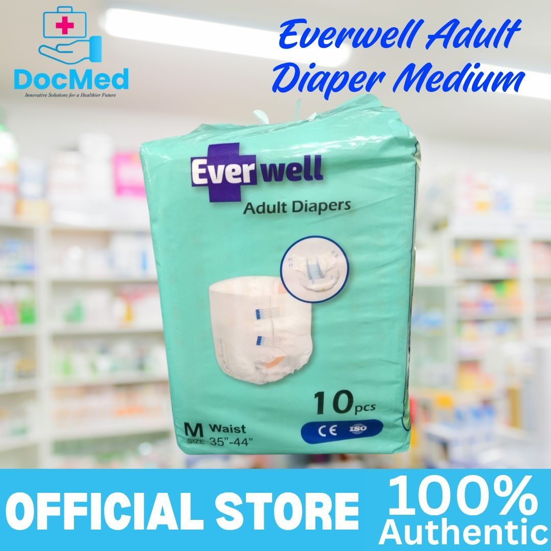 EVERWELL ADULT DIAPER MEDIUM (Category: Medical Supplies & Tools) located in Quezon City. Submitted by zee_010200 (Listing ID 1465401295, Image 3). Description: - Brand: Everwell Adult Diapers - Size: Medium (Fits waist sizes 35" to 44") - Gender: Unisex design - Absorbency: Super absorbent pad locks in liquid quickly - Security: Double-row adhesive tapes for a snug, secure fit - Protection: Leak guards to prevent side spills - Quantity: 10 piece