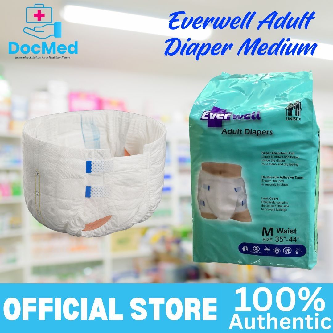 EVERWELL ADULT DIAPER MEDIUM (Category: Medical Supplies & Tools) located in Quezon City. Submitted by zee_010200 (Listing ID 1465401295, Image 1). Description: - Brand: Everwell Adult Diapers - Size: Medium (Fits waist sizes 35" to 44") - Gender: Unisex design - Absorbency: Super absorbent pad locks in liquid quickly - Security: Double-row adhesive tapes for a snug, secure fit - Protection: Leak guards to prevent side spills - Quantity: 10 piece