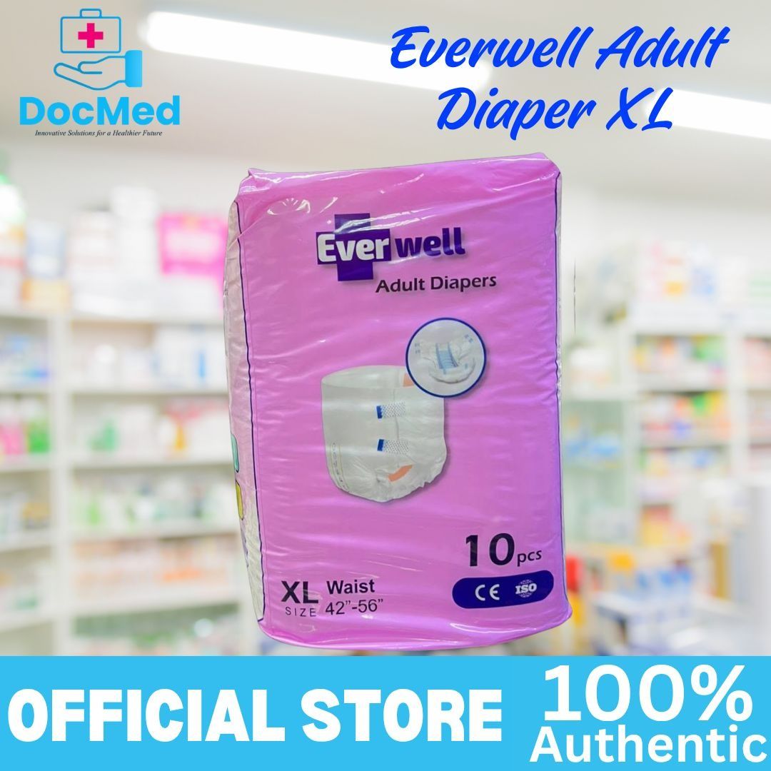 EVERWELL ADULT DIAPER XL (Category: Adult Incontinence) located in Quezon City. Submitted by zee_010200 (Listing ID 1465402003, Image 3). Description: - Brand: Everwell Adult Diapers - Size: Extra Large (Fits waist 42 to 56 inches) - Quantity: 10 pieces per pack - Design: Pink packaging with secure tape tabs and built-in leak guards - Condition: Brand new, sealed in original plastic.