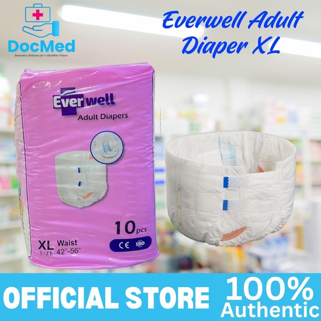 EVERWELL ADULT DIAPER XL (Category: Adult Incontinence) located in Quezon City. Submitted by zee_010200 (Listing ID 1465402003, Image 1). Description: - Brand: Everwell Adult Diapers - Size: Extra Large (Fits waist 42 to 56 inches) - Quantity: 10 pieces per pack - Design: Pink packaging with secure tape tabs and built-in leak guards - Condition: Brand new, sealed in original plastic.
