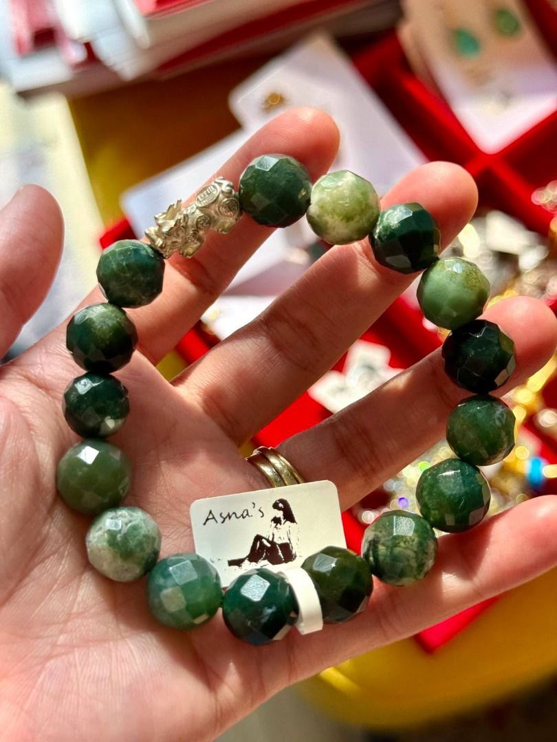 FACETED MOSS AGATE × LUCKY PIYAO (Category: Bracelets) located in Baguio. Submitted by asna_taku (Listing ID 1465482275, Image 2). Description: 🌿✨ FACETED MOSS AGATE × LUCKY PIYAO ✨🌿 A beautiful 17cm natural moss agate bracelet, featuring rich green patterns and faceted beads that catch the light beautifully. 💚 🐉 S925 Lucky PiYao — a traditional Chinese symbol associated with wealth, abundance & good fortune 🌿 Natural Faceted Moss Agate ✨ Be