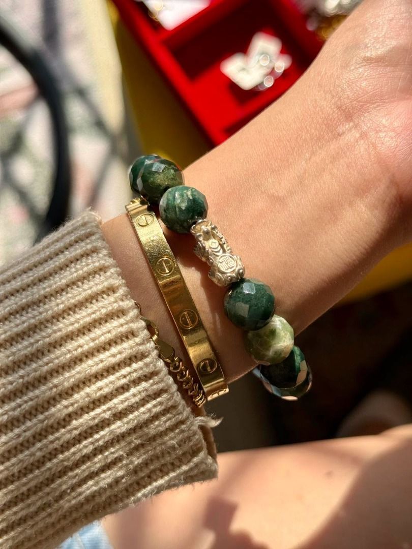 FACETED MOSS AGATE × LUCKY PIYAO (Category: Bracelets) located in Baguio. Submitted by asna_taku (Listing ID 1465482275, Image 1). Description: 🌿✨ FACETED MOSS AGATE × LUCKY PIYAO ✨🌿 A beautiful 17cm natural moss agate bracelet, featuring rich green patterns and faceted beads that catch the light beautifully. 💚 🐉 S925 Lucky PiYao — a traditional Chinese symbol associated with wealth, abundance & good fortune 🌿 Natural Faceted Moss Agate ✨ Be