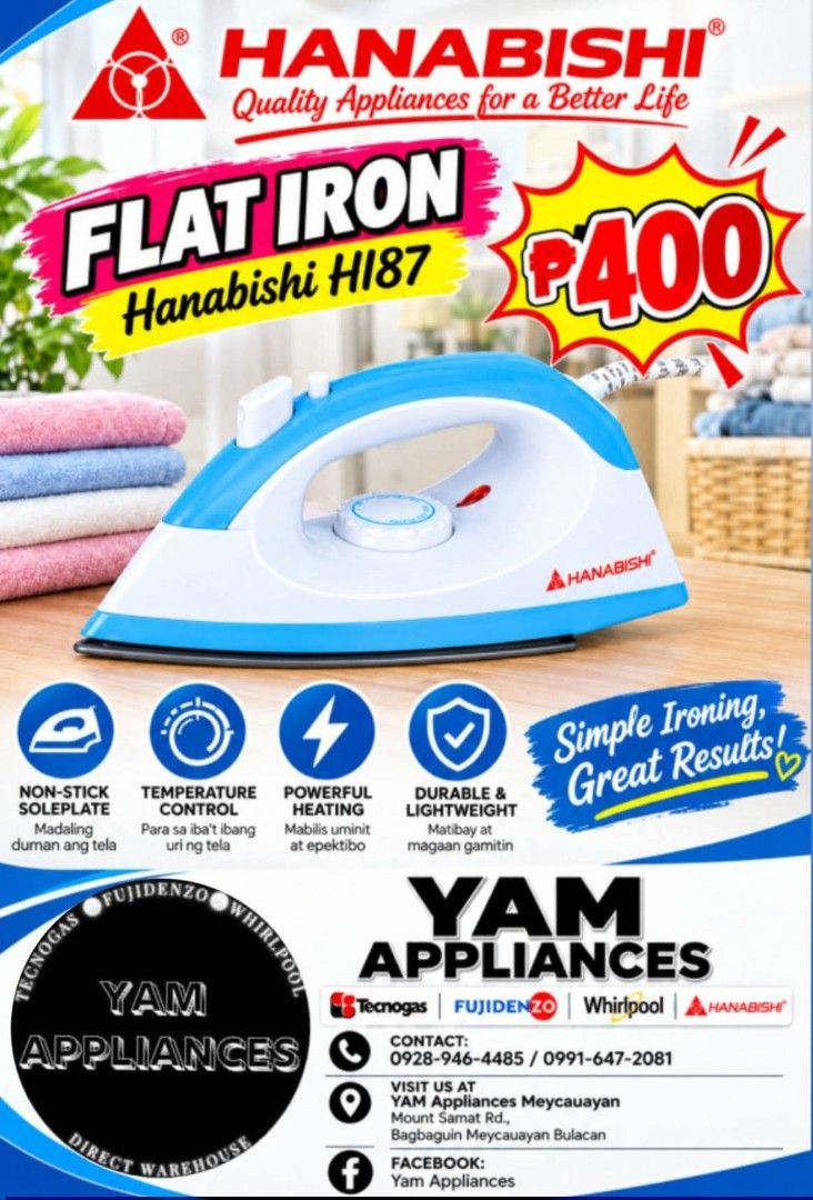 Flat Iron (Category: Irons & Steamers) located in Caloocan City. Submitted by yam_appliances (Listing ID 1465557476, Image 1). Description: hanabishi brand Flat Iron.