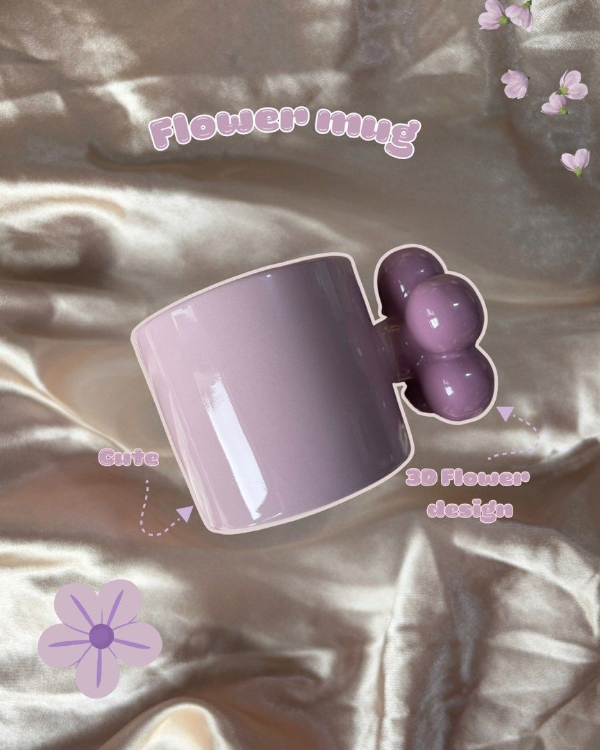 Flower Mug (Category: Coffee & Tea Tableware) located in Manila. Submitted by mugandsips (Listing ID 1465527361, Image 1). Description: Flower Cute Mug 🌸 Brandnew Condition No Dents -✨Unique Handle -🎀 Cute and aesthetic designs -🎁 Gift ideas, for birthdays and special occasions -🌷 Perfect for your home, office, or study desk Price- 350.00 Location- South Caloocan Courier- Lalamove/ J&T.